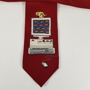 Vicky Davis Go Fish Tie Red Computer Mouse Cat 58 Inches Long 3 3/4 Inches Wide